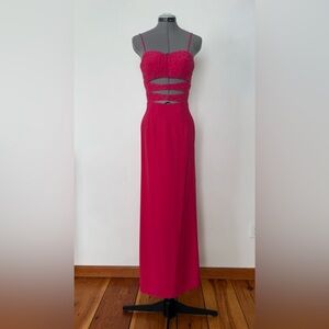 Elegant Beaded Magenta Evening Gown with Cutout Bodice